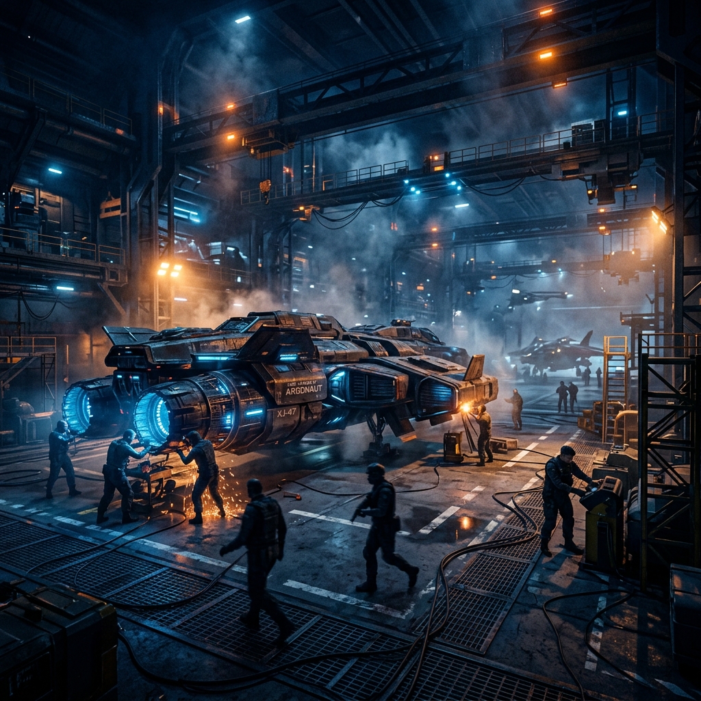 导演工作台 AI 剧照生成 - 未来主义机库大全景